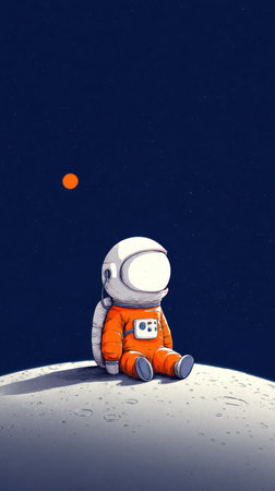 An illustration features an astronaut seated on a planetary surface under a dark blue sky with a small celestial body. The artwork presents a cartoon style with simple shapes and smooth color gradients. This graphic could be useful for educational materials, space-themed designs, and digital artwork with copy space available.の素材