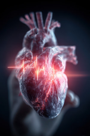 This image features a detailed anatomical heart model. It displays a dramatic visual with internal lighting. The heart is the focal point, with a glowing pulse line overlaid. This could be used for healthcare, medical research, or educational purposes. The composition is isolated on a dark background.の素材