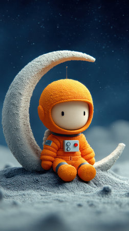 An astronaut character in a bright orange spacesuit sits upon a crescent-shaped moon, set against a dark, starry background. The image has a soft, illustrative style with gentle lighting. The composition suggests space travel and adventure, suitable for various editorial and commercial applications.の素材