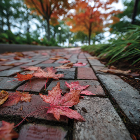 Fallen red leaves rest on a brick pathway, creating a textured foreground. The soft focus reveals trees with autumnal foliage and a path that leads into the distance. The scene is illuminated by gentle daylight, providing a natural setting suitable for various editorial and commercial applications.の素材