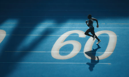 An athlete sprints across a track, highlighted against a background. The image presents a color scheme of blues. The scene is lit with overhead lighting, creating dynamic shadows. Suitable for illustrating themes of sports, competition, and achieving goals. It could be used in diverse media.の素材
