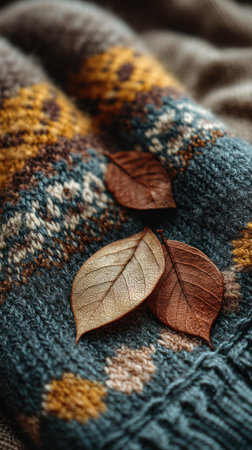 Two brown leaves rest upon a textured teal knitted sweater with yellow and brown patterns. The warm colors contrast with the blue, creating a cozy and inviting composition. This image, with its soft focus and gentle lighting, could be suitable for fall-themed promotional materials, or various creative projects.の素材