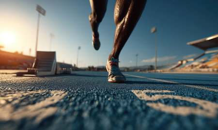 An athlete is captured mid-sprint on a blue track. The image displays the lower portion of the runner in motion with a shallow depth of field. The sunlight bathes the scene, illuminating the textured track surface. This visual may be appropriate for commercial and editorial uses.の素材