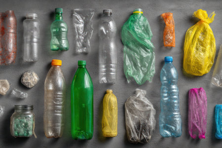 An overhead view displays various plastic bottles and bags against a flat, neutral backdrop. The items showcase diverse shapes, sizes, and colors, including transparent, green, blue, and yellow. The arrangement suggests a potential focus on waste, recycling, or environmental themes. Ideal for projects related to sustainability and consumerism.の素材