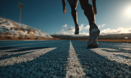 An athlete sprints on a blue track, viewed from a low angle with a shallow depth of field. The image showcases the runner's legs and the track's texture. The composition utilizes bright sunlight and a clear sky in the background. Suitable for athletic, fitness, or competition themes in various media.の素材