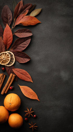 An overhead shot showcases an autumnal composition featuring vibrant leaves in shades of red and orange, complemented by oranges, dried citrus slices, and cinnamon sticks. The arrangement sits against a dark, textured background. This visual could be utilized for various commercial and decorative applications.の素材