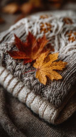 Two maple leaves sit atop folded sweaters, showcasing textures and shades of brown and gray. The composition highlights a close-up perspective, possibly indoors, with soft lighting enhancing the warm, inviting atmosphere. This image is well-suited for seasonal promotions, lifestyle articles, or decorative uses.の素材