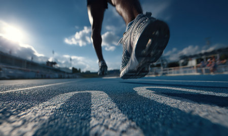 An athlete sprints along a track, seen from a low perspective against a bright sky. The image focuses on the running shoes and track markings. Blue hues dominate, with textures adding detail. The shot suggests speed and determination. Suitable for sports-related marketing or editorial content.の素材
