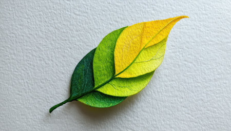 This image showcases a layered leaf illustration, featuring a spectrum of green and yellow hues. The composition employs a top-down perspective, highlighting the textures and subtle shadows. The design could be suitable for various applications, including print and digital projects, as well as educational materials.の素材