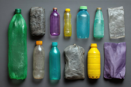 An overhead shot showcases a diverse arrangement of colorful plastic bottles and bags against a plain gray surface. The collection presents varying shapes and sizes, with a range of vibrant hues. This composition highlights the use of plastic products suitable for environmental awareness campaigns and commercial projects.の素材