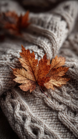 An autumn leaf rests on a folded knitted fabric. The composition features warm tones and textured details. The focus is on the leaf and the fabric, suggesting a cozy, natural aesthetic. This image is suited for various uses including seasonal themes and design elements for print and web.の素材