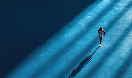 A lone runner is captured in motion, traversing a textured blue surface. Bold sunlight streams illuminate the figure and cast long shadows, creating a stark contrast. This high-angle perspective and minimalist style suggest concepts of determination. Suitable for visuals related to health, fitness, or editorial content.の素材