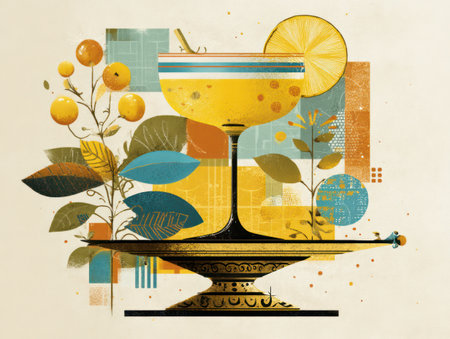 An artistic illustration presents a cocktail in a decorative glass, featuring a citrus slice garnish. The composition includes foliage and an ornate tray set against an abstract backdrop of geometric shapes and textures. The imagery suggests potential use in advertising, design projects, or editorial content.の素材