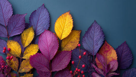 An artistic arrangement presents colorful autumn leaves in varying shades of purple and yellow. The composition features diverse textures, highlighted against a deep blue background. This visually striking image could be used for various commercial projects, including print materials or digital advertising.の素材