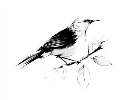 A detailed black and white illustration depicts a bird perched on a branch. The composition features delicate lines and shading, suggesting a natural environment. This graphic is suitable for various commercial uses, including print media, educational materials, and decorative projects.の素材