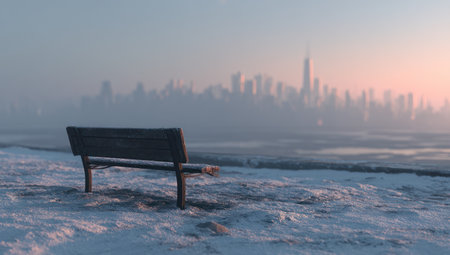 An empty bench sits overlooking a distant cityscape shrouded in mist. The image presents a muted color palette with shades of blue and gray, suggesting a cold environment. Soft lighting creates a tranquil and contemplative mood. Suitable for various editorial and commercial applications.の素材