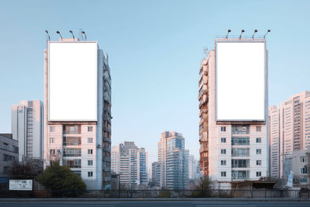 Two high-rise apartment buildings display large, blank billboards, ideal for advertising. The photo showcases a clear, cloudless sky, suggesting a daytime setting. The scene uses a wide angle shot with soft, natural lighting. The image's clean composition and copy space lends itself to commercial applications and editorial uses related to marketing and urban development.の素材