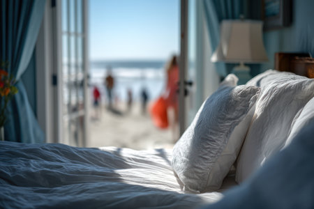 A bright bedroom scene features soft white bedding with a view towards an open door. The blurred background reveals beach and ocean under a clear sky. Natural light streams in, creating highlights on the fabrics. This image may be suitable for illustrating vacation, relaxation, or interior design concepts.の素材