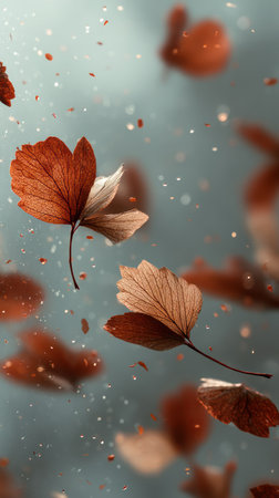 Captured against a soft, muted backdrop, the image showcases several leaves with warm, reddish-brown hues. The leaves appear suspended mid-air, possibly captured with a blurred background. The composition, use of color, and the delicate quality of the leaves could be used for various projects.の素材