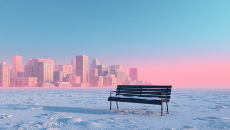 A bench sits in a snowy field with a cityscape in the distance, under a pastel gradient sky. The scene features a cool color palette with soft textures and even lighting. This image may be suitable for illustrating concepts of tranquility, urban design, or natural settings for various commercial uses.の素材