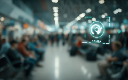 An out-of-focus image depicts people in a large interior space. The composition includes a digital overlay featuring a security camera symbol. The scene is illuminated by artificial lighting, creating a diffused effect. Suitable for editorial or commercial purposes such as technology or security.の素材