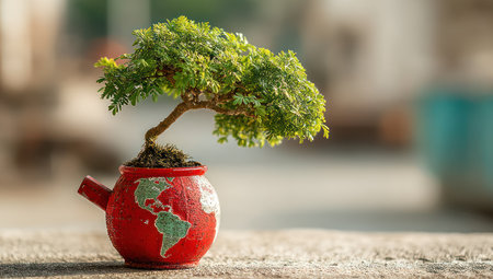 A bonsai tree sits in a red pot featuring a world map design. The tree displays vibrant green foliage against a soft-focus background, suggesting a daytime outdoor setting. The image uses natural light, and the composition focuses on the plant. Suitable for various commercial and illustrative projects.の素材