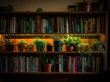 A wooden bookshelf is filled with numerous books and potted plants. The warm lighting creates a cozy atmosphere. The composition emphasizes the contrast between the books and greenery, suggesting a space for knowledge and life. This image could be suitable for editorial and commercial use.の素材