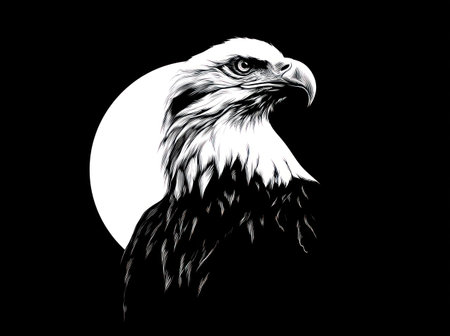 An illustration depicts an eagle with sharp features set against a dark backdrop. The monochromatic artwork features stark contrasts of light and shadow, with detailed feathers. This graphic design could be utilized in various commercial projects, including logos, print materials, and digital media applications, providing a strong visual impact.の素材