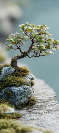 A close-up captures a meticulously crafted bonsai tree perched on a textured rock formation. The tree displays vibrant green leaves and intricate branches. The overall composition features natural lighting and a soft, blurred backdrop suggesting an outdoor environment. This image is suitable for various commercial purposes, including publications and design projects.の素材