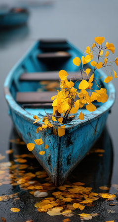 A vibrant blue rowboat is partially submerged in water, adorned with bright yellow leaves. The scene showcases a combination of cool and warm colors. The composition is a close-up, and the soft lighting suggests a calm outdoor environment. This image is suitable for various commercial uses related to nature and seasonal themes.の素材