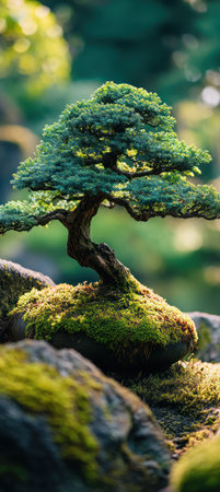 A close-up captures a bonsai tree set on moss-covered rocks. The image displays a vibrant green, with highlights from the sunlight. This botanical scene suggests a serene, natural environment. The image may be suitable for editorial content, websites, or various commercial applications relating to nature and landscaping.の素材