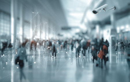 This image depicts a blurred crowd of people in a large, modern indoor space. The composition features a shallow depth of field, with soft focus and cool tones dominating the scene. A surveillance camera is visible overhead. Suitable for use in a variety of commercial and editorial contexts.の素材