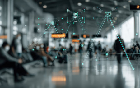 This image presents a blurred interior scene with a digital overlay. The composition features indistinct figures, possibly people in a waiting area. Overlaid on the scene are graphical representations, likely security cameras and interconnected lines, implying a surveillance or technological network. The lighting appears diffused, suggesting an indoor environment suitable for commercial or informational uses.の素材