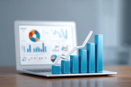 A laptop displays business charts and graphs with a 3D bar graph overlaying the computer. The scene uses cool tones and soft lighting, suggesting an indoor environment. This image could be used for illustrating financial reports, data analysis, or business presentations and economic forecasting.の素材