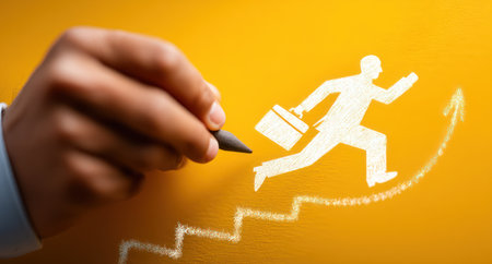 A hand sketches a white businessman icon, accompanied by an upward curving arrow, on a vibrant yellow surface. The composition suggests growth and progress. The lighting is diffused, and the style is clean and simple. Suitable for illustrating concepts of business development and career advancement, and could be utilized in various commercial projects.の素材