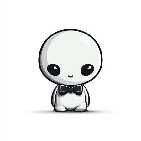 An illustrated cartoon alien character with a bow tie is centered on a clean white background. The image presents a minimalist design, with the subject rendered in grayscale and simple shapes. The composition uses even lighting and copy space, suitable for various commercial uses.の素材