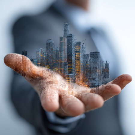 An individual in a suit presents a miniature cityscape held in their open hand. The image features a modern architectural representation, exhibiting a complex blend of colors and detailed structures. The composition uses blurred backgrounds, suggesting an indoor setting. This image is suitable for various commercial purposes and can be utilized in the context of business or development.の素材