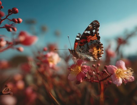 A vibrant butterfly rests on pink blossoms, captured in a close-up shot. The image features a shallow depth of field, with soft focus on the flowers and butterfly. The composition highlights the butterflyの素材