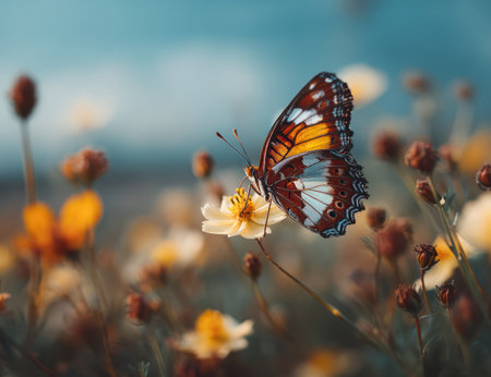 A butterfly rests on a flower, captured in an outdoor setting with a soft, blurred background. The image showcases vibrant colors and natural textures. Ideal for nature-related content and illustrating themes of freedom and beauty. Suitable for various commercial and editorial applications.の素材
