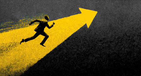 A silhouette of a businessman running up a yellow arrow is set against a dark background. The image features high contrast with bright yellow and dark grey hues. The artwork suggests upward movement and progress, suitable for illustrating concepts of business, motivation, and goal achievement. It is applicable for various commercial and editorial projects.の素材