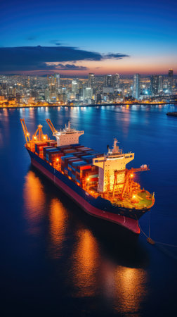 An aerial view captures a cargo ship illuminated with warm lights at dusk. The vessel floats on calm waters, reflecting the ship's lights and the distant city skyline. The composition and lighting create a sense of scale and suggest potential use for commercial purposes.の素材
