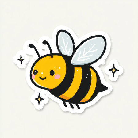 This illustration features a cartoon bee with yellow and black stripes. The style is simple with an outlined design, and the bee has a smiling face. The image is on a light background. This image is suitable for use in educational materials, children's books, or designs.の素材