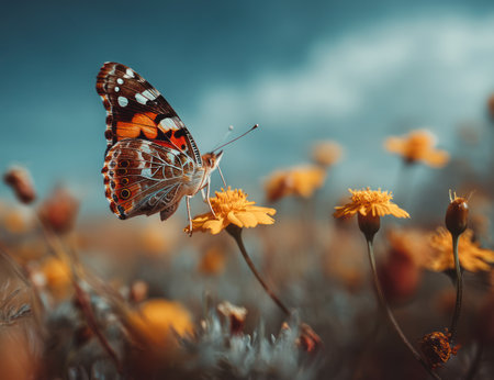 A butterfly rests on a vibrant yellow flower, its wings displaying intricate patterns of orange, black, and white. The photograph showcases a shallow depth of field, with soft focus on the background and surrounding wildflowers. This image evokes feelings of tranquility and could be suitable for various commercial purposes.の素材