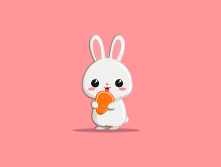 A cartoon bunny, rendered with soft lines and a white fur, is centered against a pink backdrop. The bunny is holding a vibrant orange carrot. The image has a clean, digital art style with a flat design and even lighting. Suitable for various creative and illustrative applications.の素材