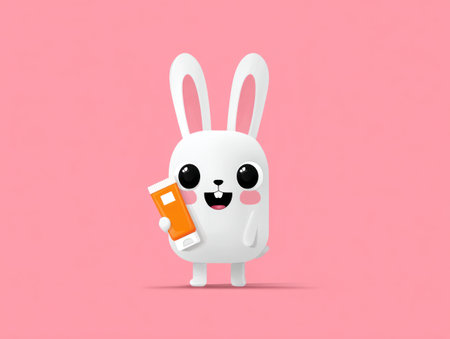 A cartoon bunny, rendered in a simplified style, stands before a pink backdrop, holding a product. The bunny features a white body, large black eyes, and a cheerful expression. The clean aesthetic and solid colors enhance the image, ideal for promotional or illustrative purposes. It's suitable for various commercial uses.の素材