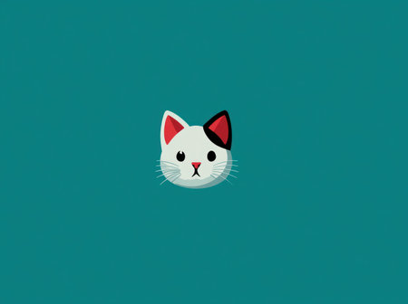 A cartoon cat head is centered against a turquoise background. The illustration features a white head with red and black ear details, simple eyes and a small red nose. The overall aesthetic is clean and modern, suitable for various design projects and commercial applications with copy space available.の素材