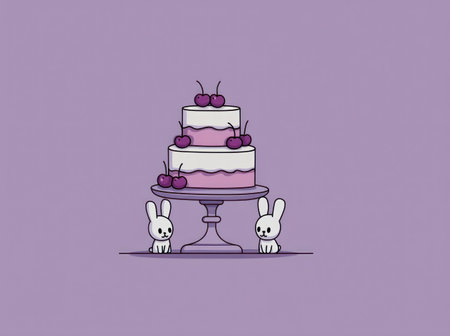 A whimsical illustration features a layered cake adorned with cherries. The cake rests on a pedestal between two cartoon bunnies. The composition has soft colors with an illustrative style. This image could be used for various purposes like design projects or editorial contexts.の素材