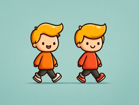 Two cartoon children, wearing orange tops and dark pants, are illustrated walking on a solid turquoise background. The image has a clean, minimalist style with soft, rounded forms and simple shading. This illustration is suitable for educational materials, website graphics, or various creative projects. The composition allows for versatile uses.の素材