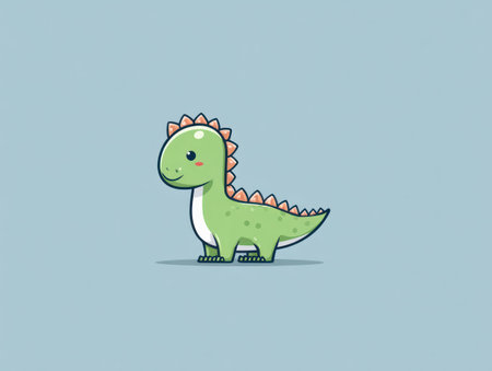 A cartoon dinosaur is depicted against a pastel background. The illustration uses bright green and white colors, and it has a friendly demeanor. It is a vector design suitable for children's books, educational materials, or marketing and advertising campaigns. The clean design gives the image versatility.の素材