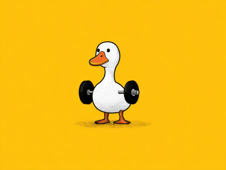 A cartoon duck, rendered in a simple illustration style, is shown lifting weights. The duck is white with an orange beak and feet, set against a bright yellow backdrop. The image utilizes bold colors and a clean composition. Potential applications include use in fitness, health, and exercise related projects.の素材